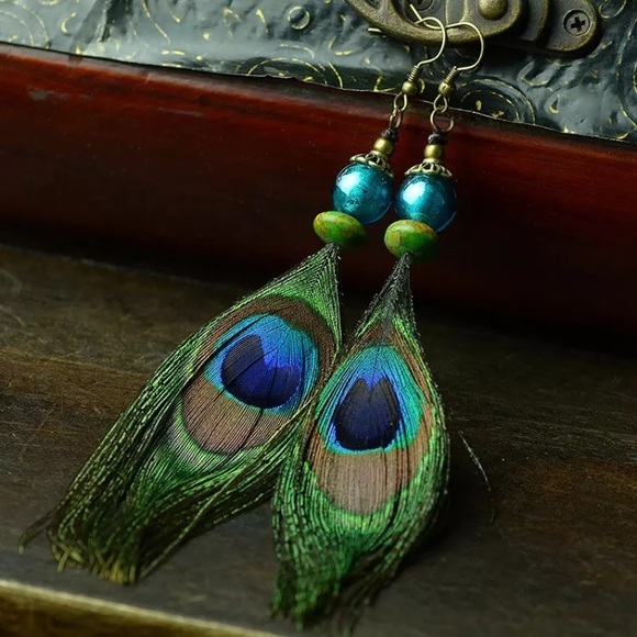 New! Bohemian Peacock Tassel Earrings - Picture 2 of 10